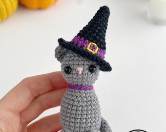 Halloween-Häkelanleitung für eine Katze, Hexenkatze mit Hut, schwarzer Katzen-Schlüsselanhänger, gruselige Häkeldekoration