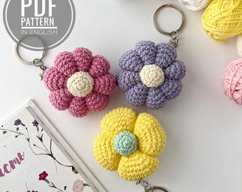 Crochet keychain flower amigurumi pattern Plush keychain crochet pattern bag charm Сrochet car hanging
