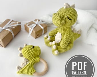 Patrón de dinosaurio de ganchillo Juguetes de dentición de dinosaurio de peluche Juguete de peluche de dinosaurio Amigurumi Patrones de ganchillo Juguete sonajero para bebé