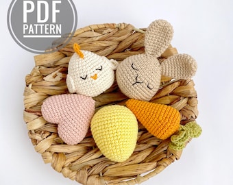 Easter Crochet Pattern: Chicken ornament Crochet bunny Plush carrot Crochet heart Easter decorations (PDF Pattern)