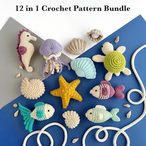 12 in 1 Ocean crochet pattern bundle Amigurumi keychain and Bag charm PDF Turtle Jellyfish Starfish Seashell Seahorse Fish  Sea life crochet