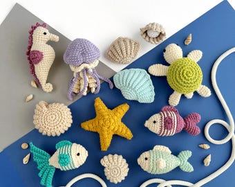 12-in-1 oceaanhaakpatroonbundel Amigurumi-sleutelhanger en tasbedel PDF Schildpad Kwallen Zeester Zeeschelp Zeepaardje Vis Gehaakt zeeleven