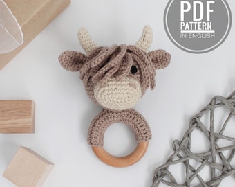 Crochet highland cow pattern Baby rattle Amigurumi cow teether Crochet cow pattern baby teether Plush cow stuffed animal