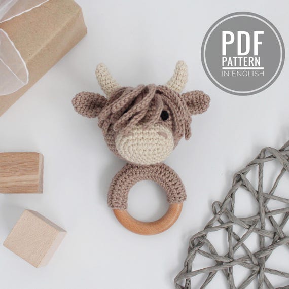Crochet highland cow pattern Baby rattle Amigurumi cow teether Crochet cow pattern baby teether Plush cow stuffed animal