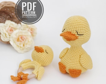 Patrón de pato de ganchillo Sonajero y juguete para bebé Peluche de pato amigurumi Sonajero de ganchillo (patrón en PDF)