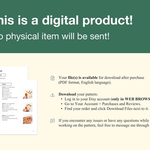 May include: Image of a digital product announcement with text: "This is a digital product! No physical item will be sent!" Below, a pattern document and instructions for downloading the PDF file from Etsy are displayed.