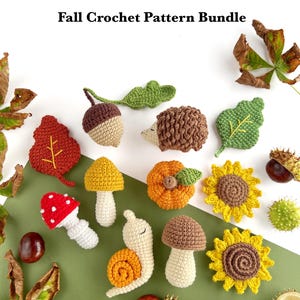 Può includere: Una collezione di oggetti all'uncinetto che include una foglia rossa, una ghianda, un riccio, una foglia verde, un fungo rosso, un fungo giallo, una zucca, due girasoli, una lumaca e un fungo marrone, con il testo Fall Crochet Pattern Bundle.