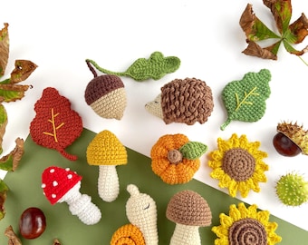 Herfst haakpatronenbundel: Egel, Eikel, Blad, Pompoen, Paddestoel, Zonnebloem & Slak gehaakte sleutelhanger