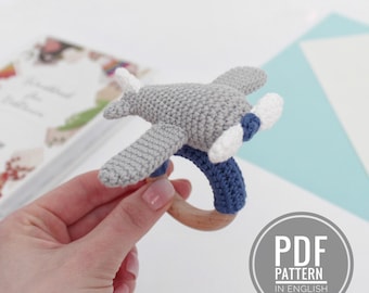 Crochet airplane pattern baby rattle Amigurumi pattern Airplane plush teething toys Crochet teether amigurumi rattle