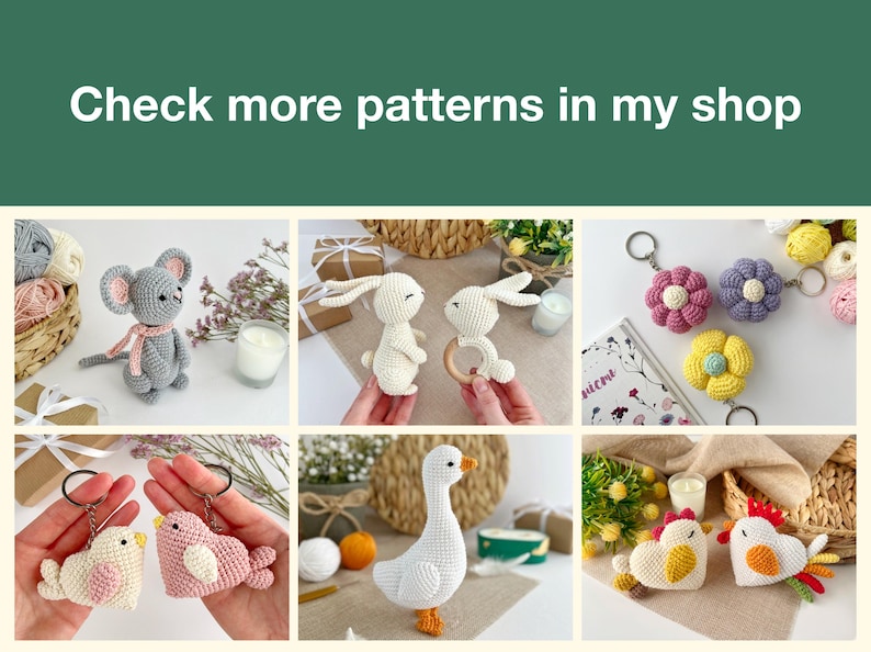 May include: A collection of crocheted animal toys, including a mouse, bunnies, a goose, and chickens. The toys are all handmade and feature different colors and patterns.