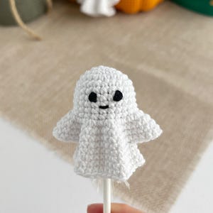 May include: A small white crocheted ghost figure with black embroidered eyes and a simple mouth, attached to a thin white stick. The ghost has a rounded head and draped arms, creating a soft, textured appearance for this handmade decorative item.