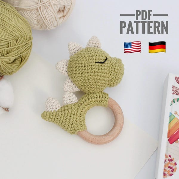 Crochet dinosaur pattern Baby rattle Amigurumi dinosaur plush pattern Teether toys Plush dino crochet pattern