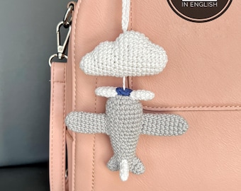 Airplane crochet bag charm pattern with cloud, Amigurumi charm PDF, Cute crochet accessory, Mini plush charm, Digital Download English