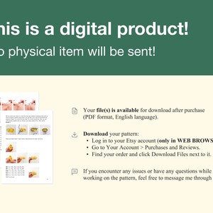 May include: A digital product download instruction page with a text description and a visual representation of the product. The text states that the product is a digital download and that no physical item will be sent. The visual representation shows a PDF document with a series of images and text.