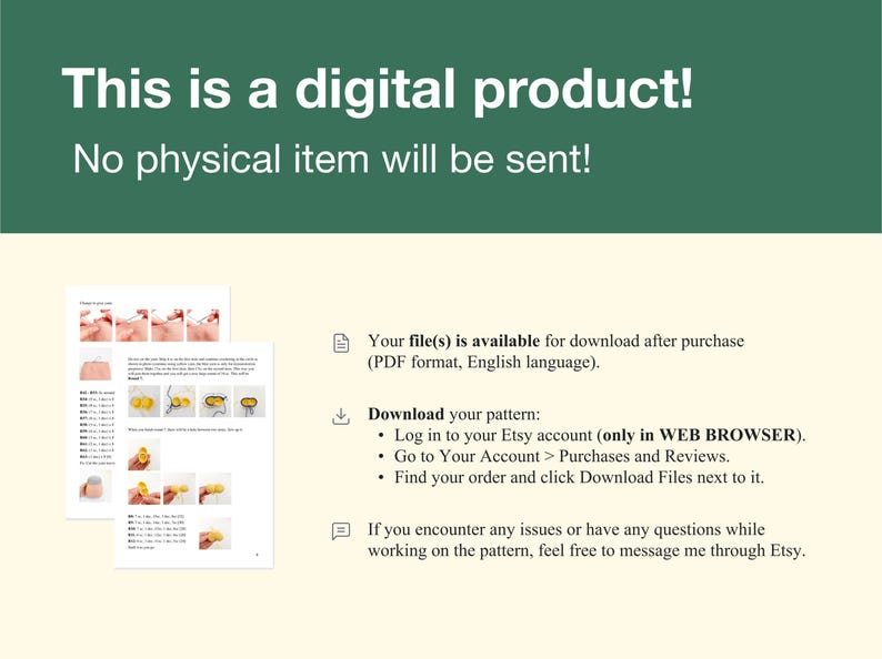 May include: A digital product download instruction page with a text description and a visual representation of the product. The text states that the product is a digital download and that no physical item will be sent. The visual representation shows a PDF document with a series of images and text.