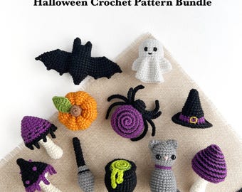 Halloween bundle crochet pattern, Bat Ghost Pumpkin Spider Cat Witch hat Cauldron Broom Mushrooms Amigurumi Halloween ornament PDF