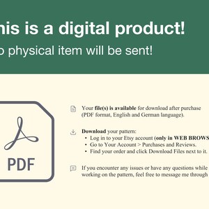 May include: A digital product download instruction page with a PDF icon and text that says "This is a digital product! No physical item will be sent!"  The page also includes instructions on how to download the file after purchase.