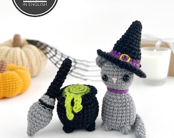 Halloween witch bundle crochet patterns, Black cat, Witch hat, Cauldron, Broom Amigurumi pattern PDF