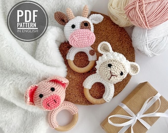 Crochet patterns baby rattle Amigurumi cow Crochet sheep Pig crochet teether Lamb pattern baby teether crochet farm animals