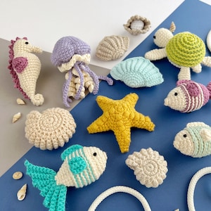 12 i 1 virkmönster för hav, Amigurumi-nyckelring och väskberlock i PDF-format, sköldpadda, maneter, sjöstjärna, snäckskal, sjöhäst, fisk, virkning med havsliv bild 5