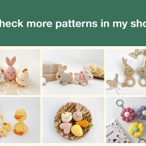 May include: A collection of crocheted animal toys, including bunnies, chicks, and ducks. The toys are arranged in various settings, such as a nest, a wooden ring, and a flower pot. The toys are all handmade and feature bright colors and cute designs.