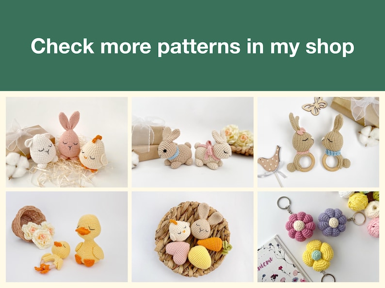 May include: A collection of crocheted animal toys, including bunnies, chicks, and ducks. The toys are arranged in various settings, such as a nest, a wooden ring, and a flower pot. The toys are all handmade and feature bright colors and cute designs.