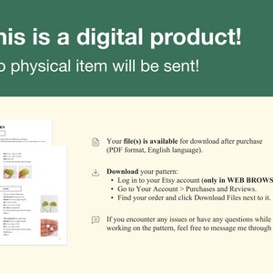 Op de afbeelding: Aankondiging van een digitaal product met de tekst: "Dit is een digitaal product! Er wordt geen fysiek item verzonden!" Instructies voor het downloaden van een PDF-patroon zijn inbegrepen. De achtergrond is lichtbeige met een donkergroene kop.