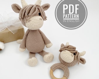 Patrón de vaca de las tierras altas a crochet Mordedor de vaca amigurumi Patrón de vaca a crochet Sonajero para bebé Animal de peluche de vaca Lote de crochet