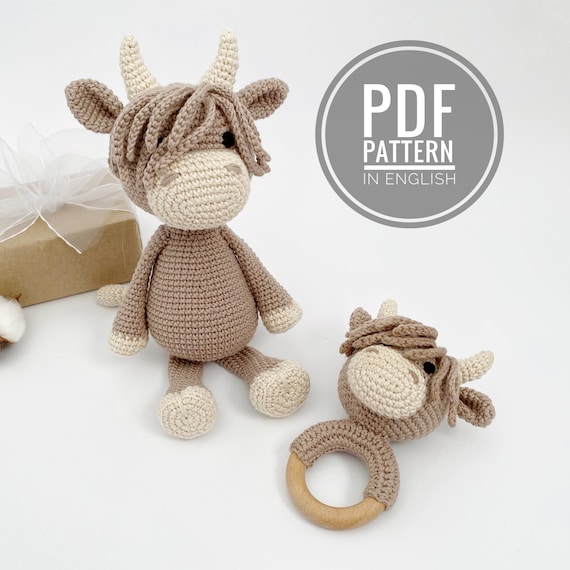 Crochet highland cow pattern Amigurumi cow teether Crochet cow pattern baby rattle  Plush cow stuffed animal Crochet bundle