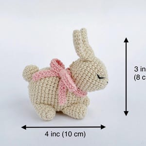 May include: A small crocheted bunny with a pink bow, measuring 3 inches tall and 4 inches wide.