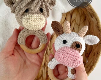Crochet baby rattle pattern Bundle Cow and Highland cow, Amigurumi farm animals PDF, Cow rattle set, Digital Download English