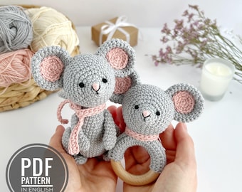 Mouse crochet pattern bundle Amigurumi mouse plush and baby rattle PDF, Crochet baby toy set, Digital Download English