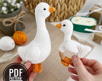 Patrón de ganso a crochet, sonajero para bebé, patrón de peluche de ganso amigurumi, animal de peluche de ganso a crochet