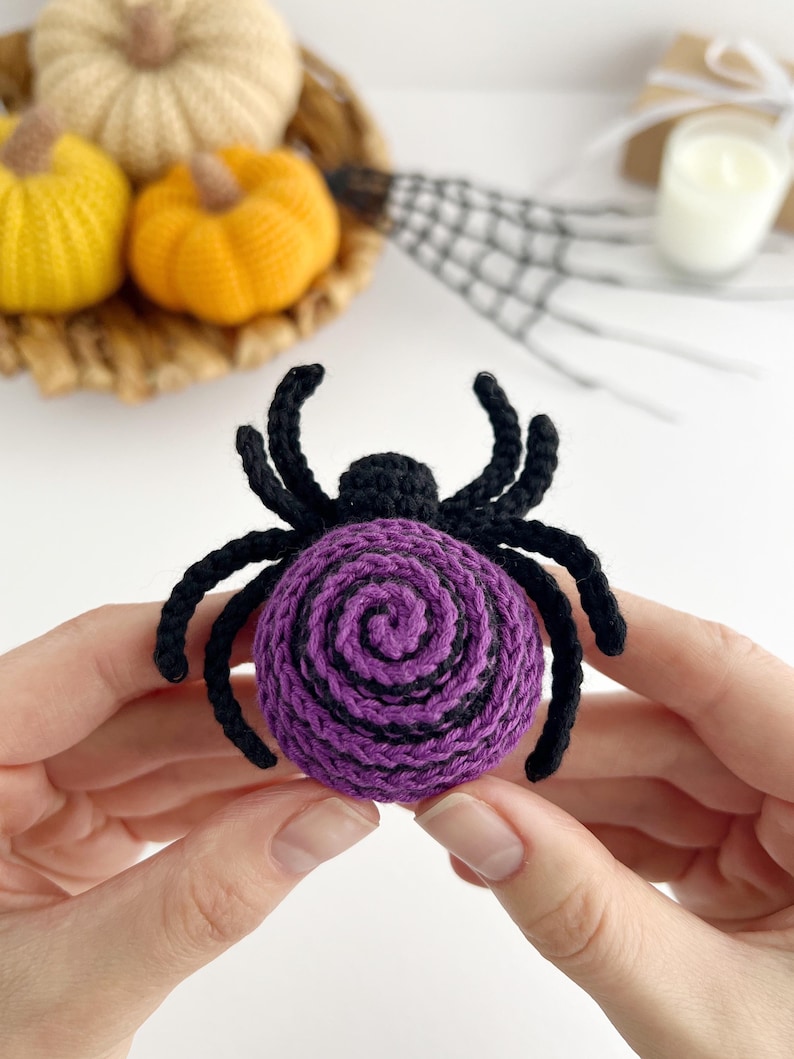 May include: A crocheted spider with a round body featuring a purple and black spiral pattern. The spider has a small black head and eight black crocheted legs extending from the sides. The texture is consistent with yarn craft construction.