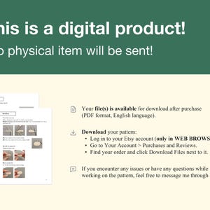 Puede incluir: Una descarga digital para un patr&oacute;n de crochet. La imagen muestra un documento PDF con instrucciones y diagramas para tejer crochet. El texto en la p&aacute;gina dice "&iexcl;Este es un producto digital! &iexcl;No se enviar&aacute; ning&uacute;n art&iacute;culo f&iacute;sico!"