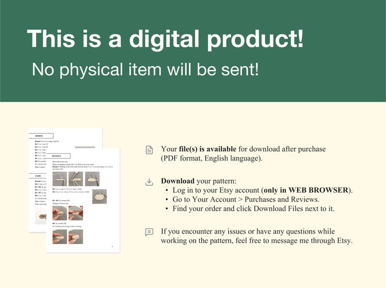 Puede incluir: Una descarga digital para un patr&oacute;n de crochet. La imagen muestra un documento PDF con instrucciones y diagramas para tejer crochet. El texto en la p&aacute;gina dice "&iexcl;Este es un producto digital! &iexcl;No se enviar&aacute; ning&uacute;n art&iacute;culo f&iacute;sico!"