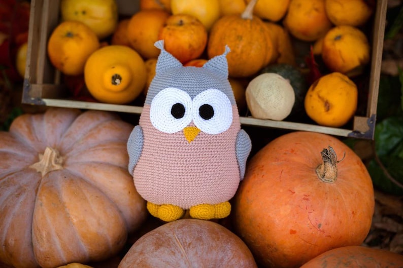 May include: A crocheted owl toy with large white eyes and a pink body. The owl is sitting on a pile of pumpkins, some of which are orange and some are brown.