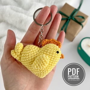 Crochet chicken pattern PDF Amigurumi keychain charm chicken plush Crochet heart keychain chick Crochet ornament tutorial