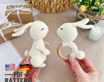 Patrón de conejito de ganchillo, patrón de peluche de conejito sonajero para bebé, mordedor para bebé, peluche de conejito, patrón de amigurumi de conejo, sonajero de ganchillo