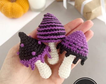 Halloween-Pilze – Häkelanleitung (3er-Set) ohne Nähen, Amigurumi-Schlüsselanhänger, Gehäkelter Pilz-Anhänger