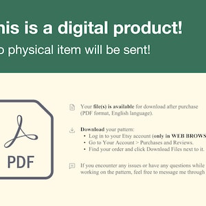 Puede incluir: Imagen de un anuncio de producto digital. El texto dice: "&iexcl;Este es un producto digital! &iexcl;No se enviar&aacute; ning&uacute;n art&iacute;culo f&iacute;sico!" Se muestra un icono de PDF. Se proporcionan instrucciones para descargar el patr&oacute;n.