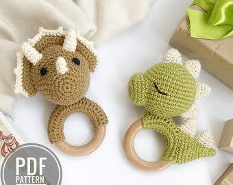 Crochet dinosaur pattern Teething toys Amigurumi dinosaur plush pattern Baby rattle Plush dino crochet pattern