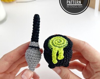 Halloween Cauldron with Broom crochet pattern, Amigurumi keychain Spooky crochet charm