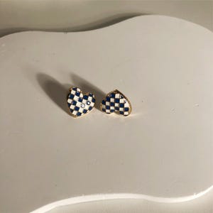 Checkered Heart Stud Earrings, Blue and White Heart Stud Earrings, Checkered Heart Earrings, Vintage Earrings, Gift for Her