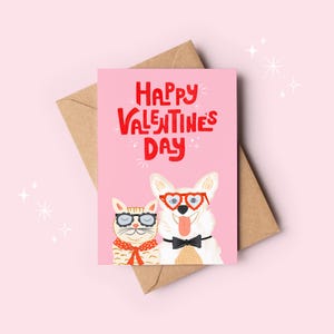 Illustration mignonne de chat et de chien carte de Saint-Valentin / carte A6 de voeux d'animal romantique mignon pour lui, elle ou les amoureux des animaux de compagnie