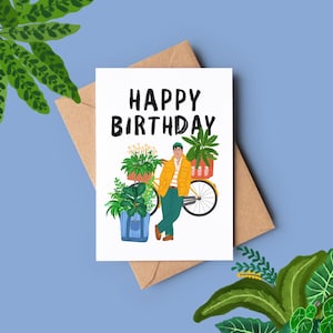 Carte d'anniversaire du planteur avec vélo / Carte botanique dessinée à la main pour les amateurs de plantes et les jardiniers