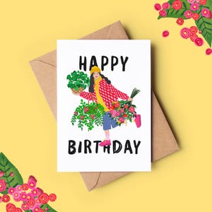 Tarjeta de cumpleaños de Plant Lady / Saludo de flores botánicas dibujadas a mano para jardineros y amantes de las flores tarjetas de felicitación