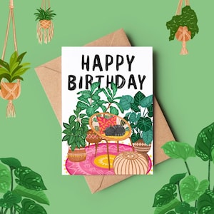 Cartão de aniversário aconchegante com gatos e plantas de casa / Cena de sala de estar desenhada à mão para amantes de gatos, mães de plantas e cartões de felicitações para pais