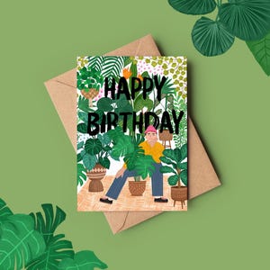 Biglietto di auguri di compleanno con pianta da appartamento nella giungla / Biglietto di auguri con illustrazione disegnata a mano per amanti delle piante e giardinieri (personaggio personalizzato da abbinare alla persona amata)
