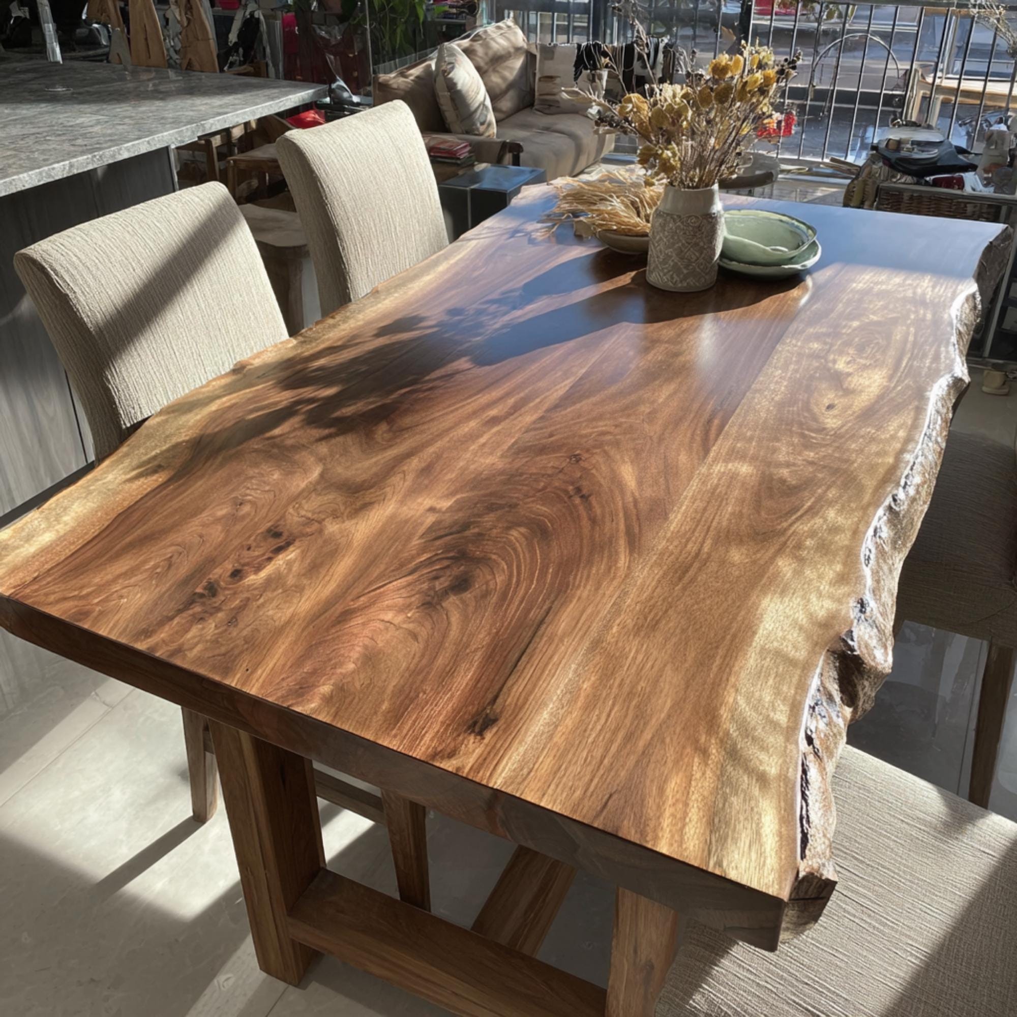 Live Edge Walnut Dining Table: Handmade Rustic Modern Solid Wood